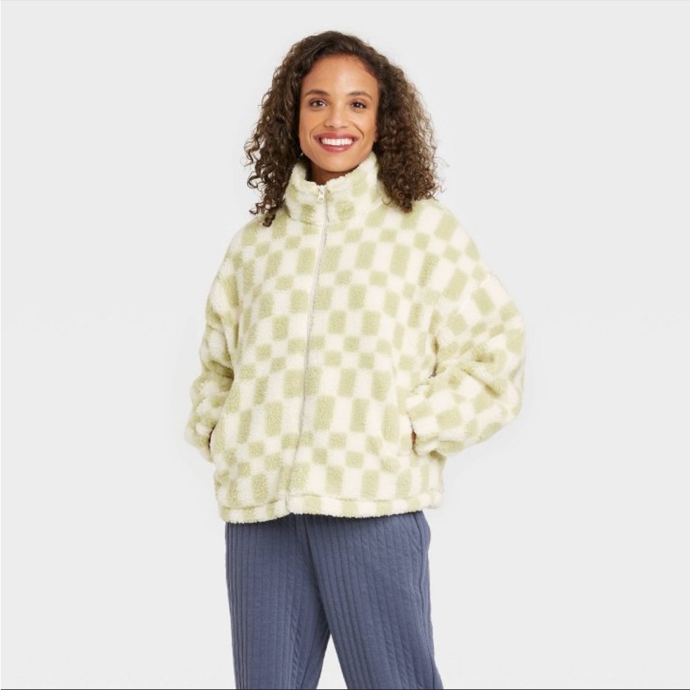 a new day Cream and Green Checkered Teddy Jacket